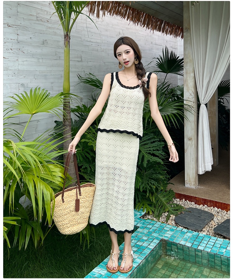 Knitted hollow sleeveless long skirt vacation crochet vest a set