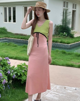 Mixed colors high waist sleeveless dress slim dress