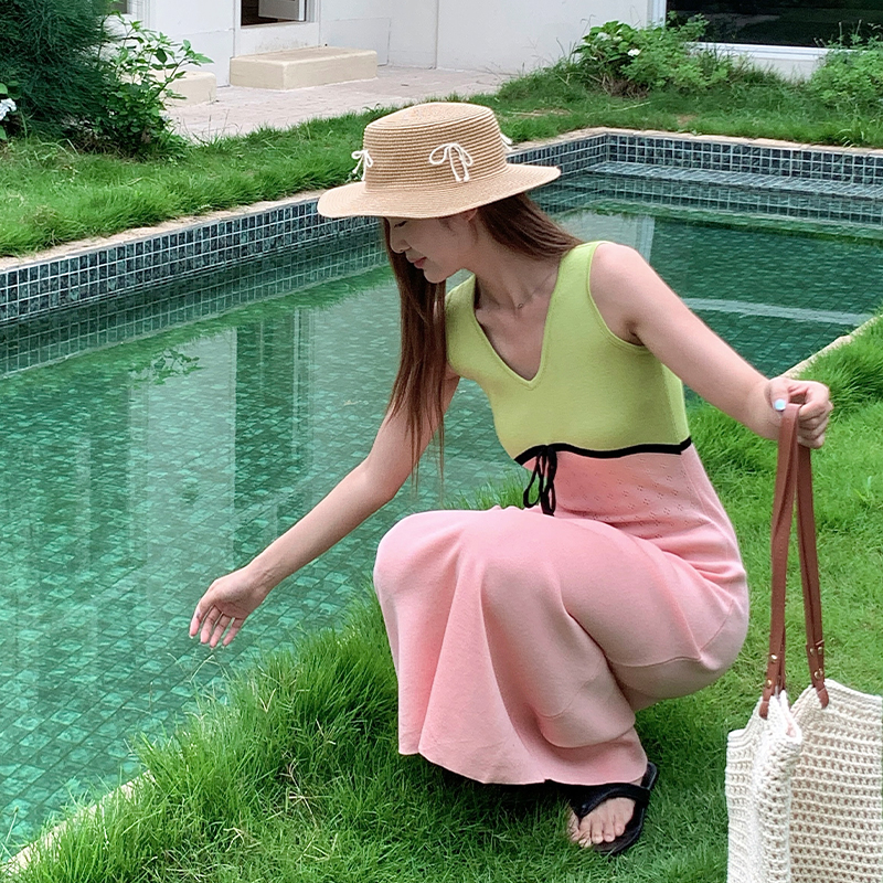 Mixed colors high waist sleeveless dress slim dress