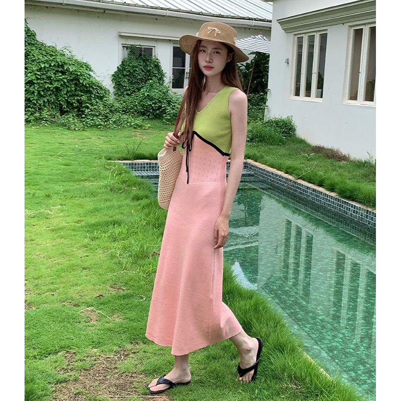 Mixed colors high waist sleeveless dress slim dress