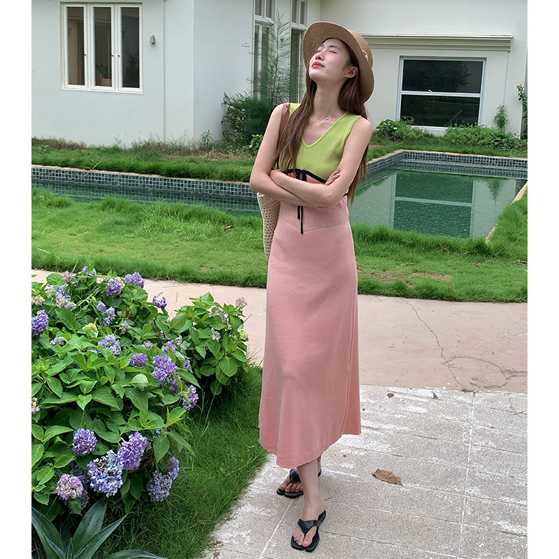 Mixed colors high waist sleeveless dress slim dress