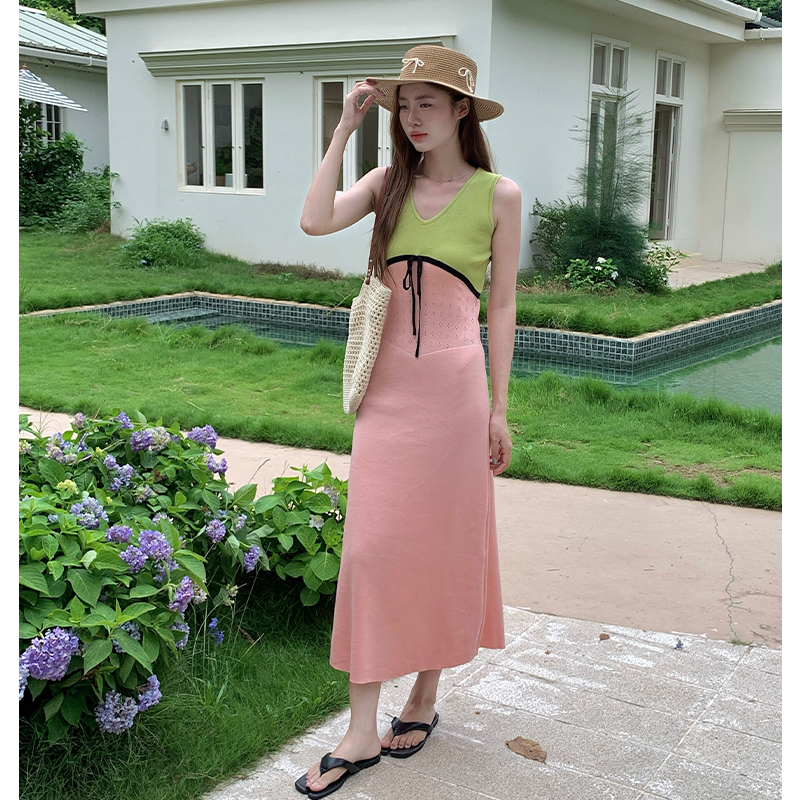 Mixed colors high waist sleeveless dress slim dress