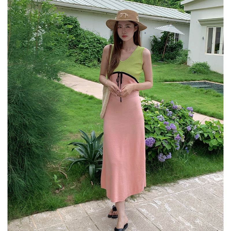 Mixed colors high waist sleeveless dress slim dress