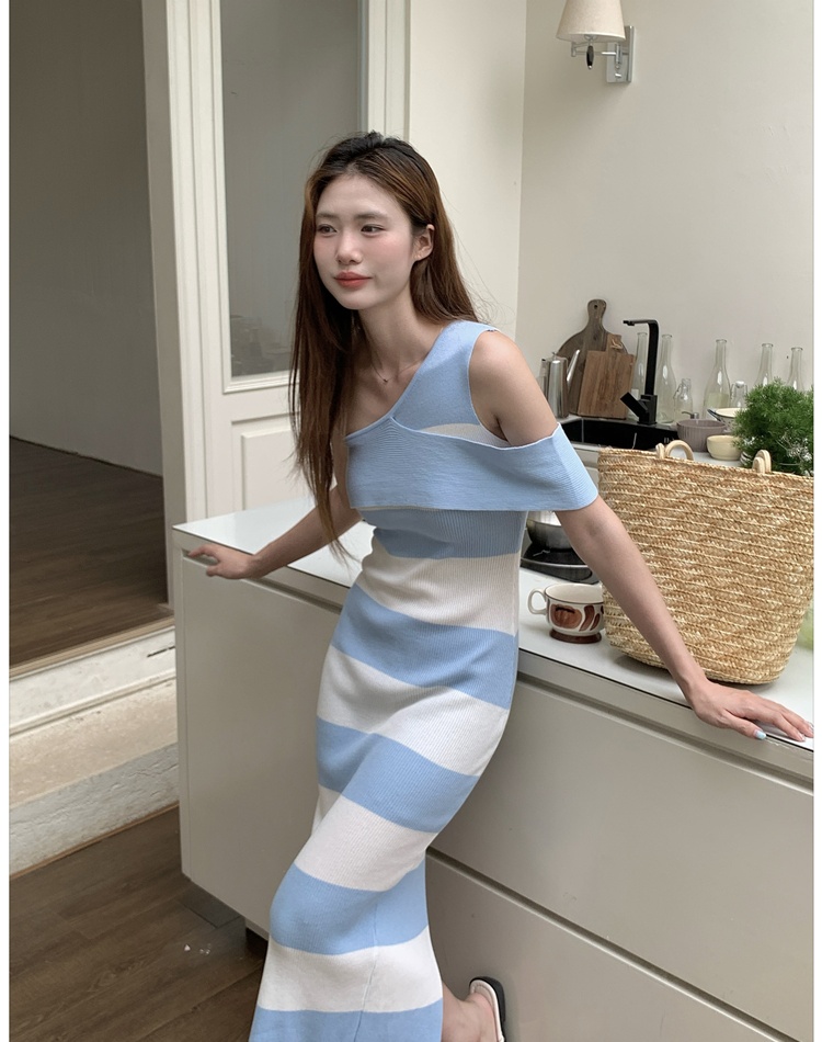 Sloping shoulder package hip dress temperament stripe vest