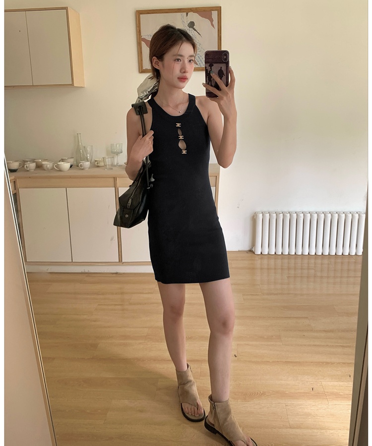 Halter knitted temperament navy blue banquet dress