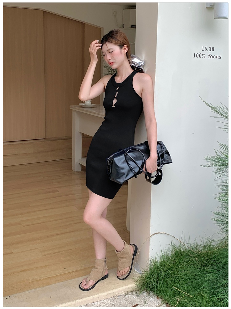 Halter knitted temperament navy blue banquet dress