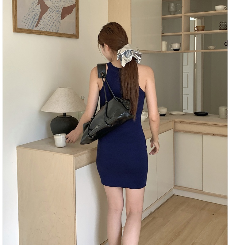 Halter knitted temperament navy blue banquet dress