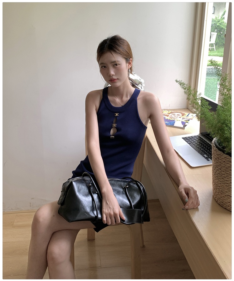Halter knitted temperament navy blue banquet dress