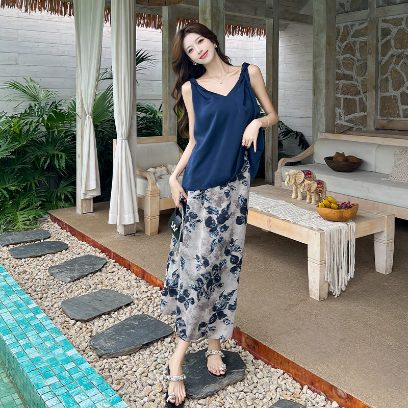 V-neck Korean style drape skirt floral slim vest 2pcs set