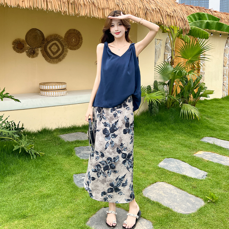 V-neck Korean style drape skirt floral slim vest 2pcs set