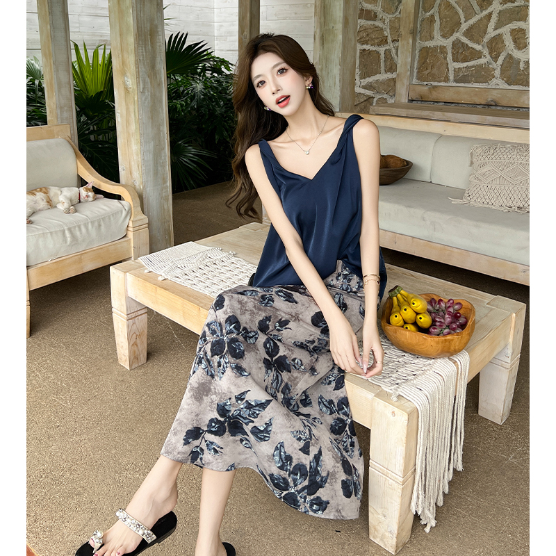 V-neck Korean style drape skirt floral slim vest 2pcs set