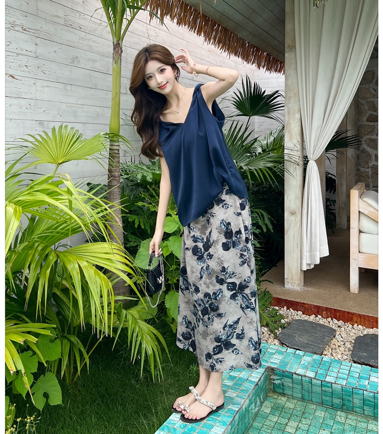 V-neck Korean style drape skirt floral slim vest 2pcs set