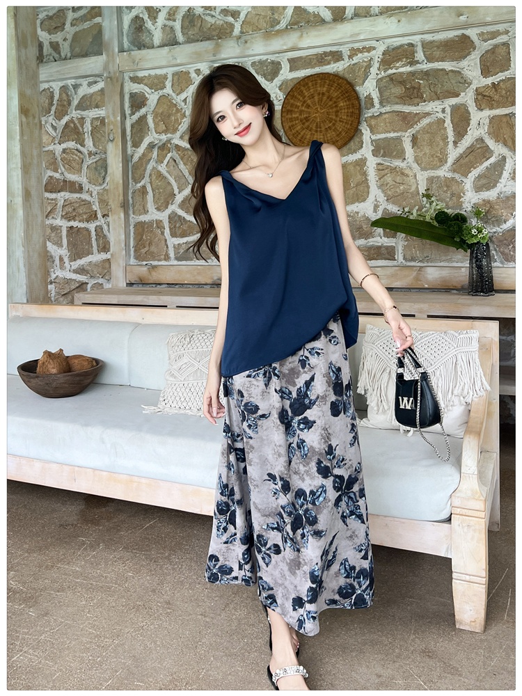 V-neck Korean style drape skirt floral slim vest 2pcs set
