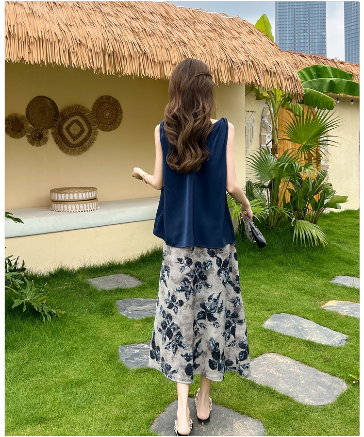 V-neck Korean style drape skirt floral slim vest 2pcs set