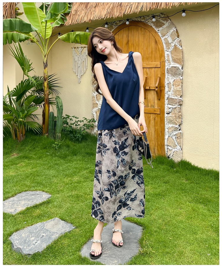 V-neck Korean style drape skirt floral slim vest 2pcs set