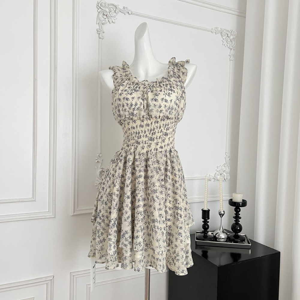 Summer pinched waist floral flat shoulder dress