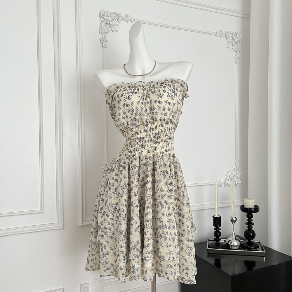 Summer pinched waist floral flat shoulder dress