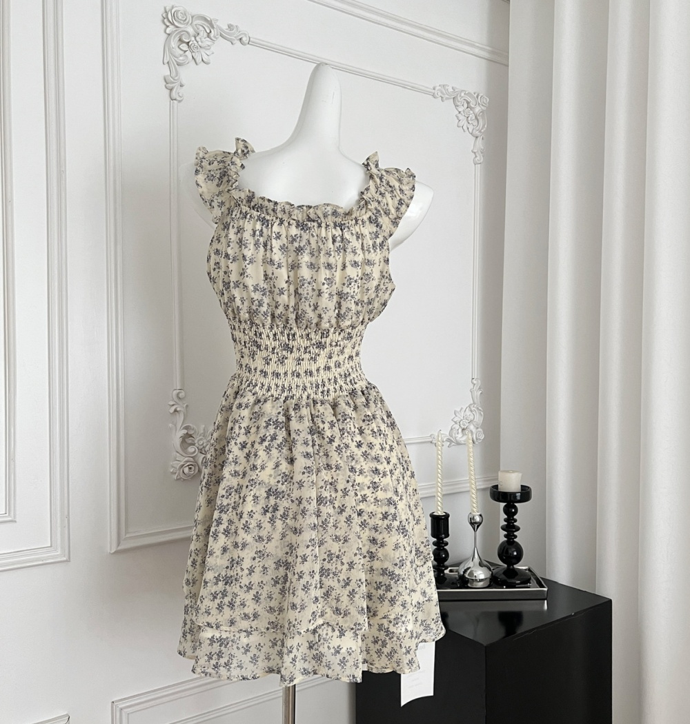 Summer pinched waist floral flat shoulder dress