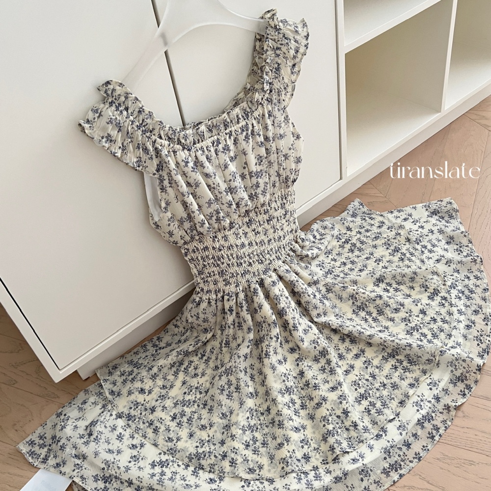 Summer pinched waist floral flat shoulder dress