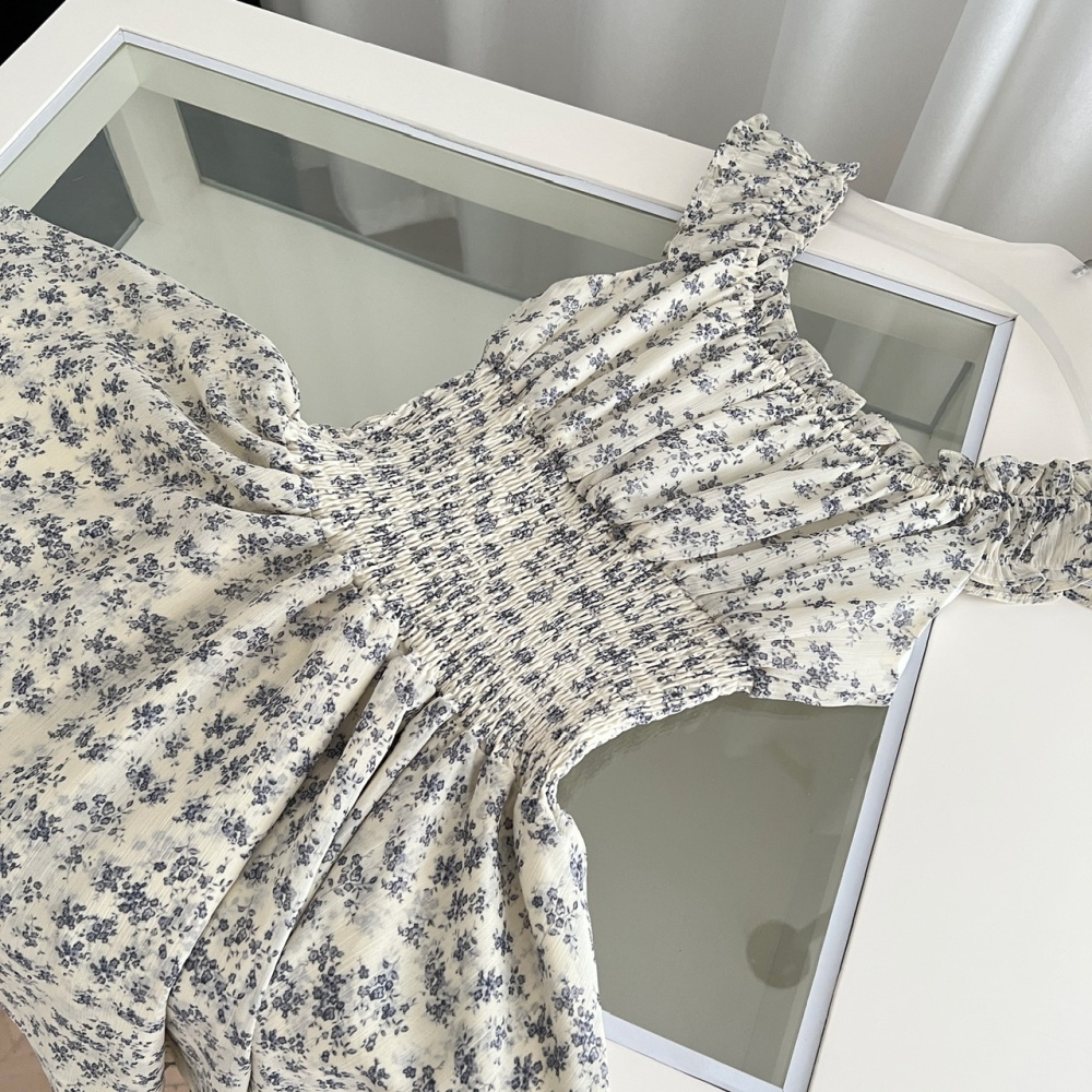 Summer pinched waist floral flat shoulder dress