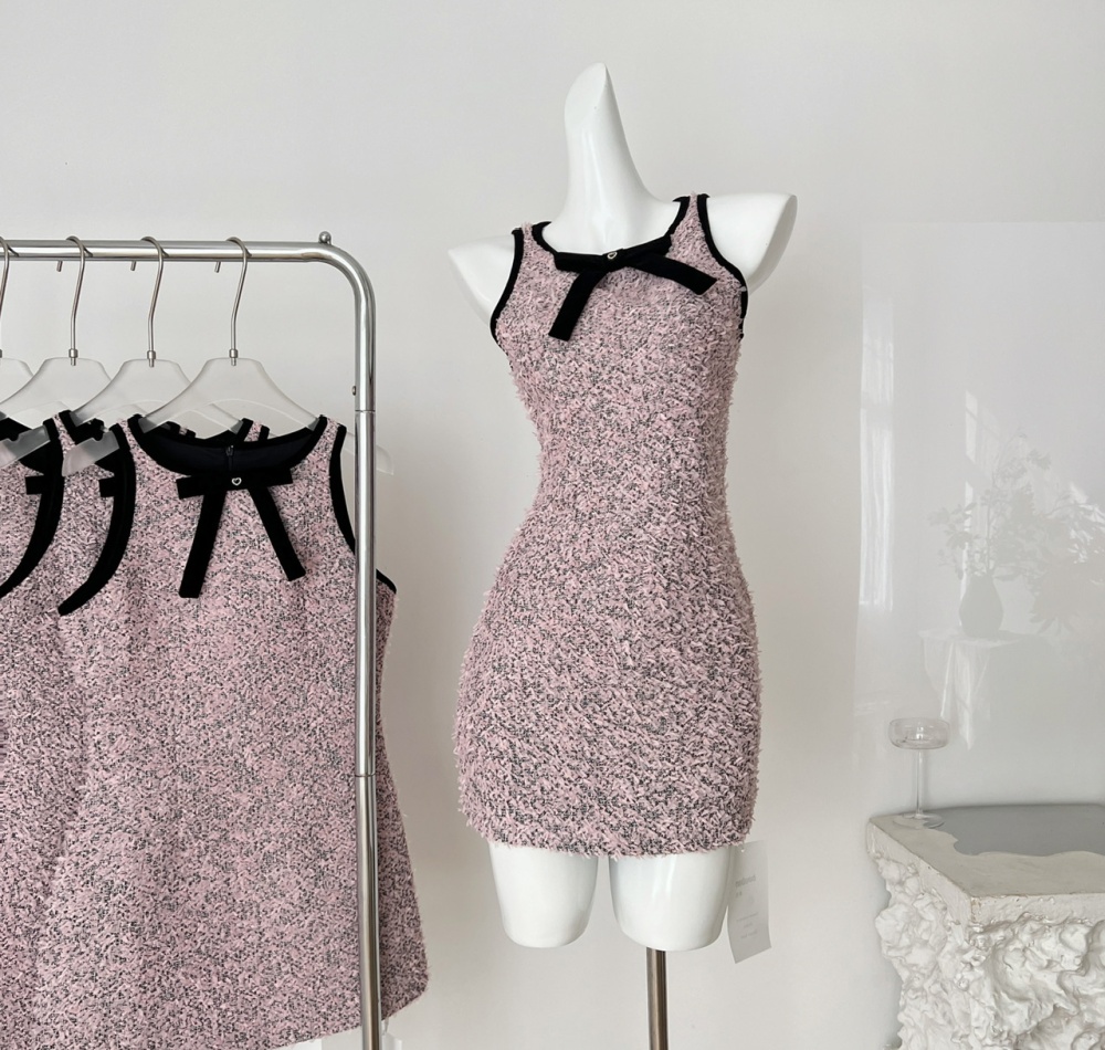 Pink pinched waist T-back chanelstyle temperament dress
