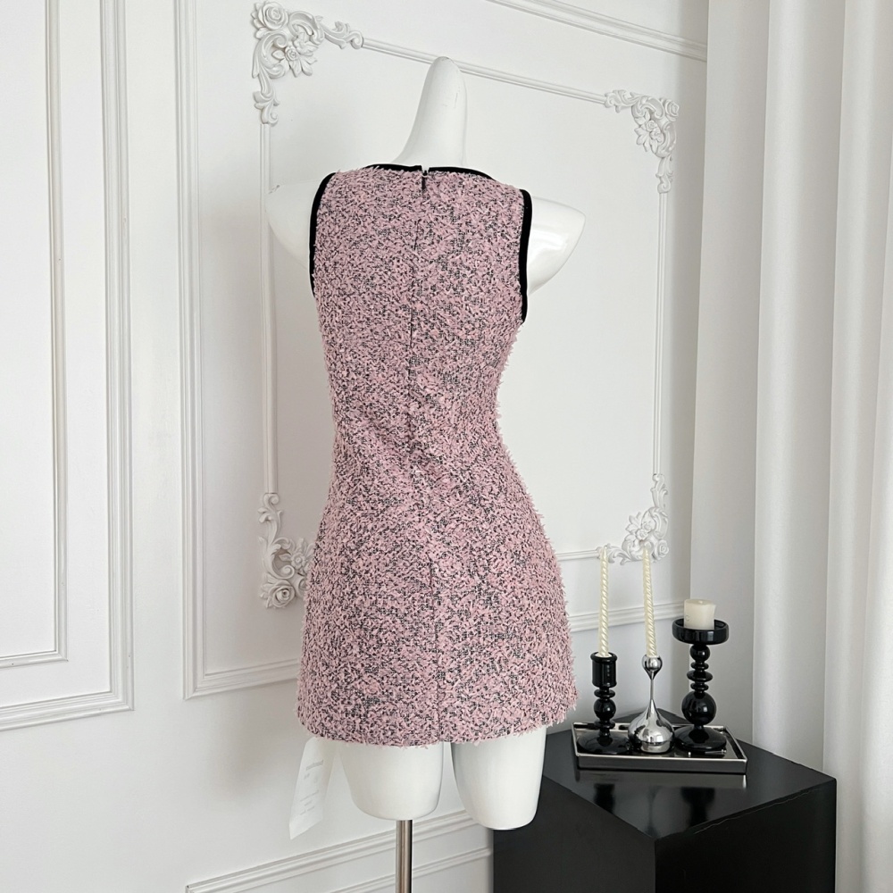 Pink pinched waist T-back chanelstyle temperament dress