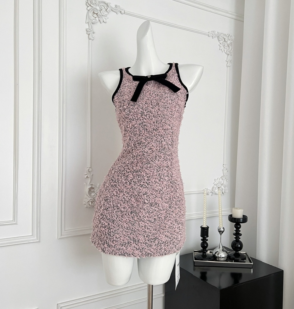 Pink pinched waist T-back chanelstyle temperament dress