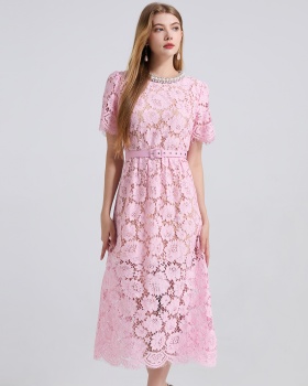 Lace pink high waist rhinestone package hip light luxury dress