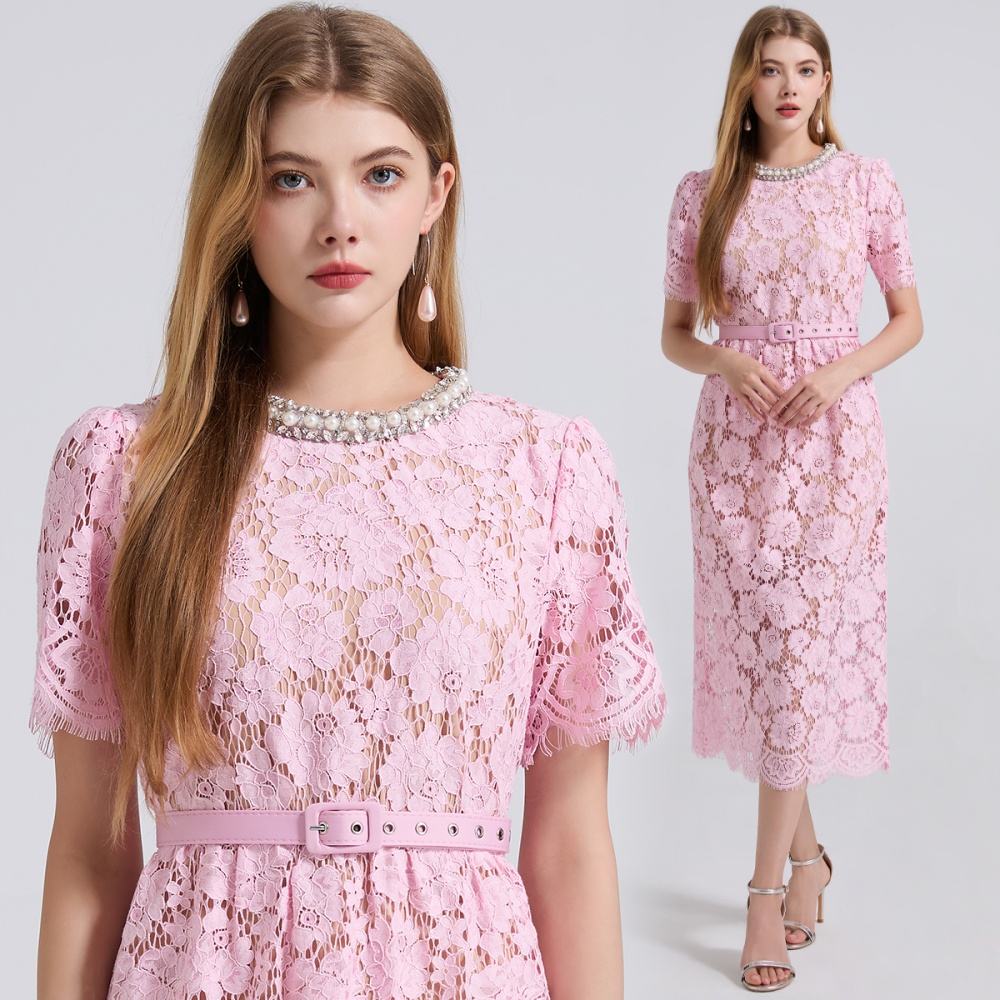 Lace pink high waist rhinestone package hip light luxury dress