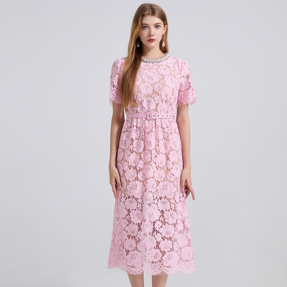 Lace pink high waist rhinestone package hip light luxury dress