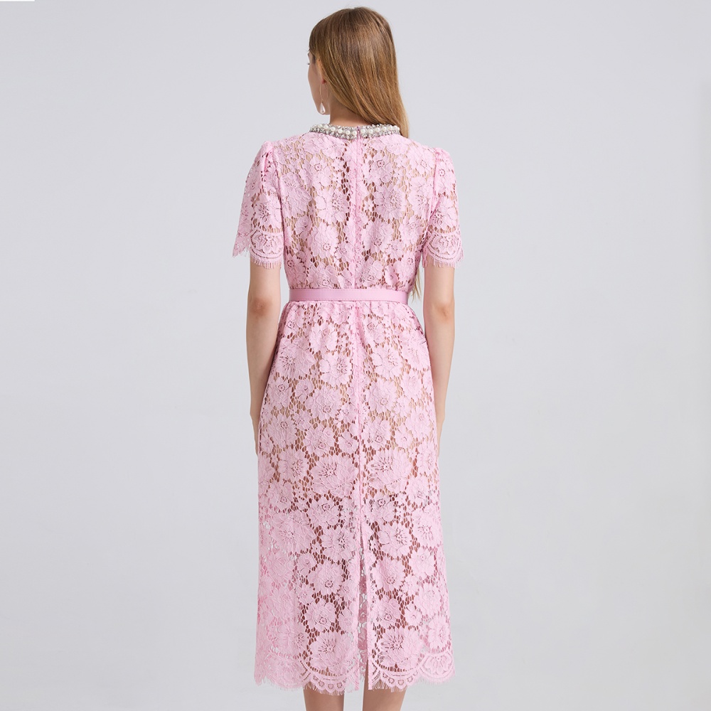 Lace pink high waist rhinestone package hip light luxury dress