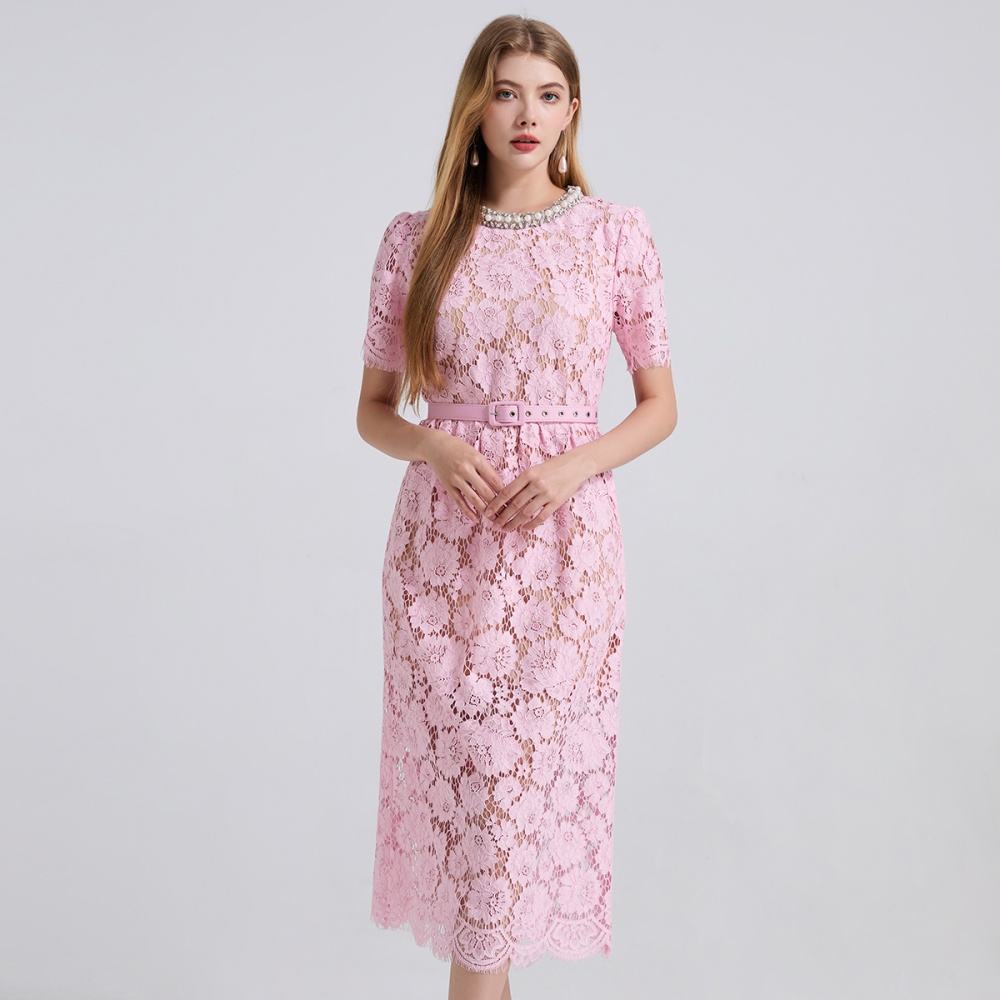 Lace pink high waist rhinestone package hip light luxury dress