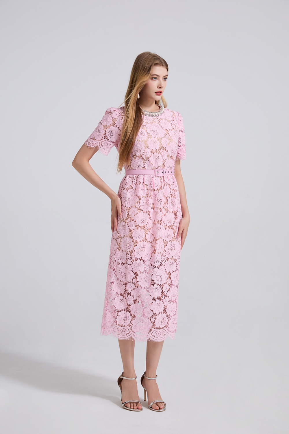 Lace pink high waist rhinestone package hip light luxury dress