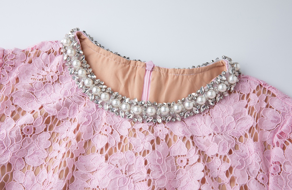 Lace pink high waist rhinestone package hip light luxury dress