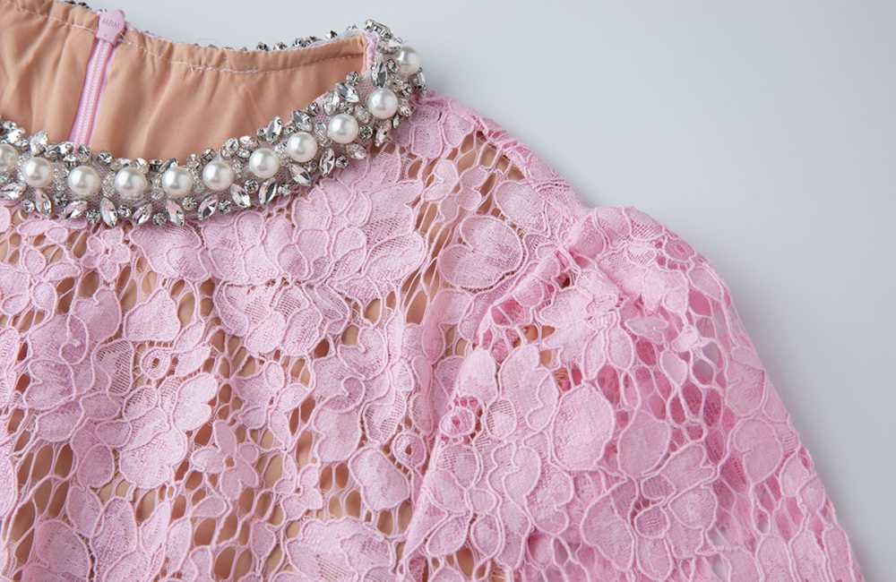 Lace pink high waist rhinestone package hip light luxury dress