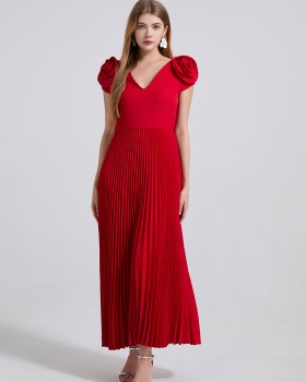 Creased splice niche high waist pinched waist stereoscopic dress