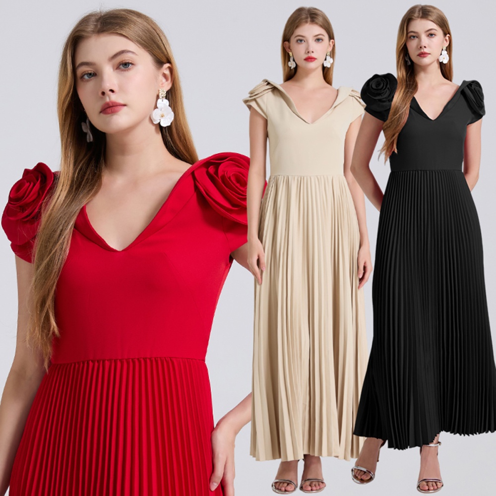 Creased splice niche high waist pinched waist stereoscopic dress