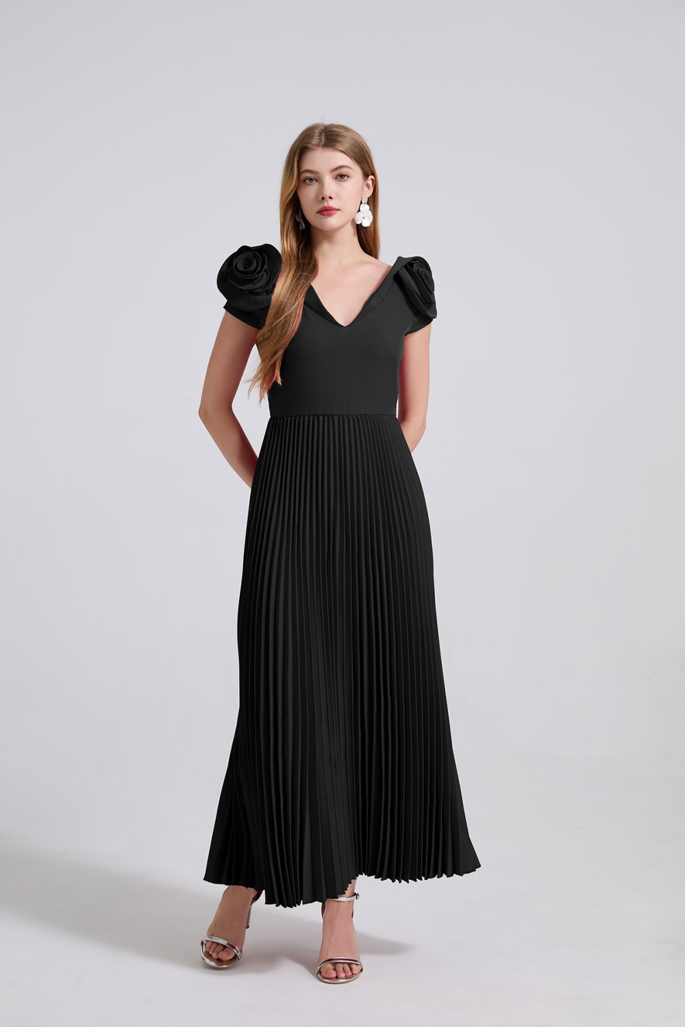Creased splice niche high waist pinched waist stereoscopic dress
