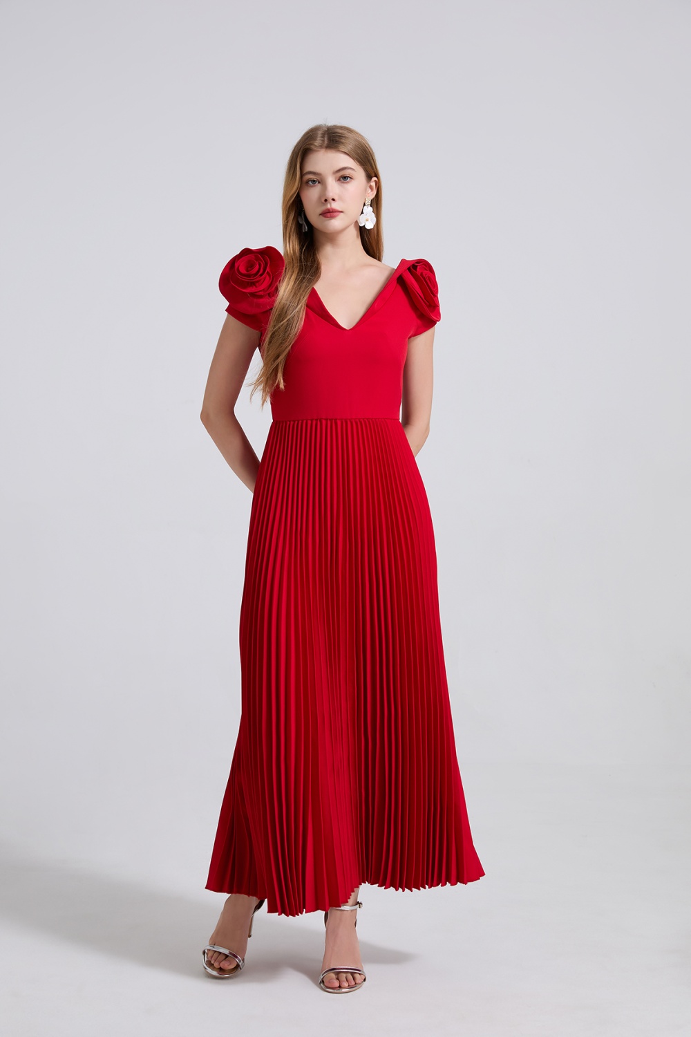 Creased splice niche high waist pinched waist stereoscopic dress