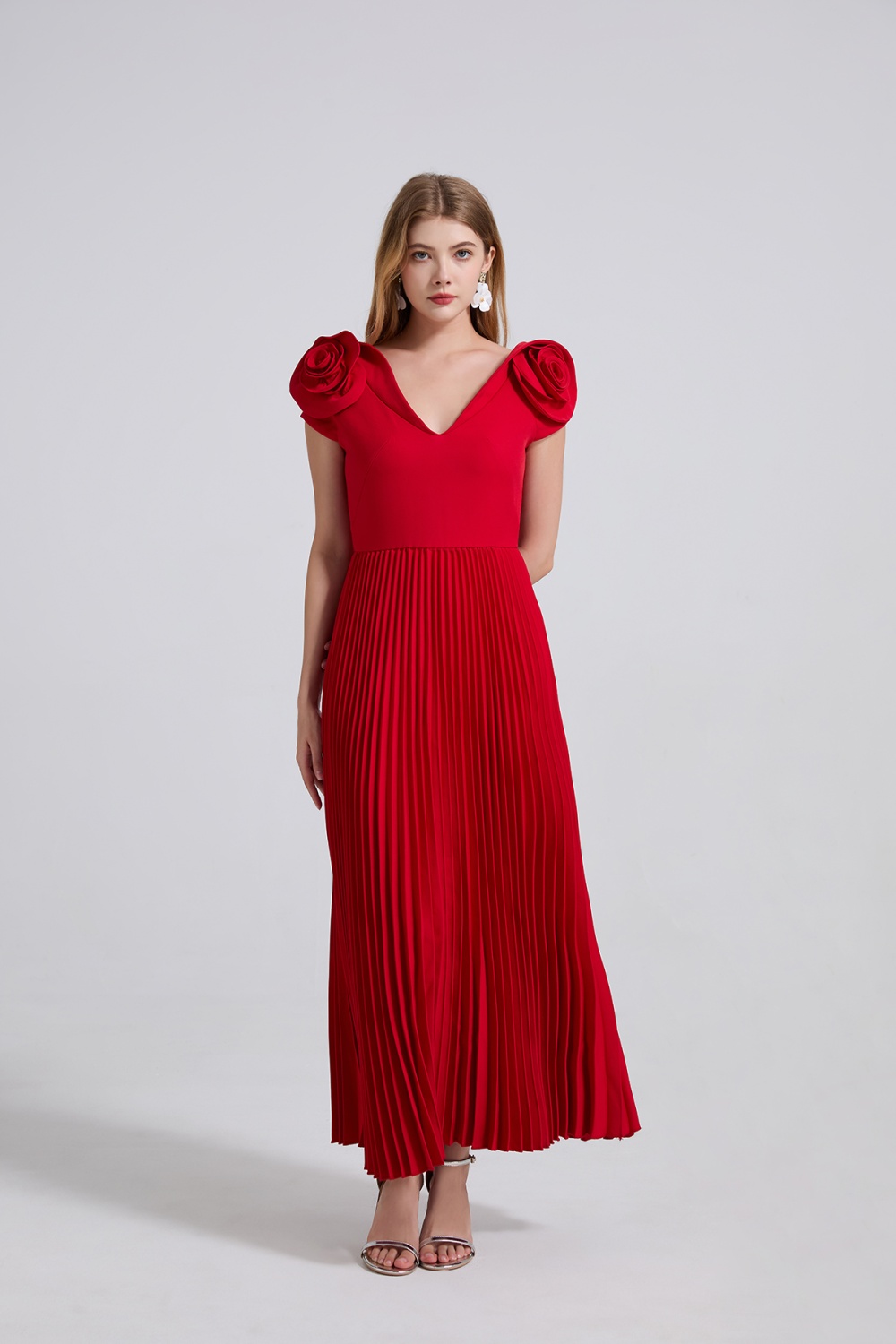 Creased splice niche high waist pinched waist stereoscopic dress