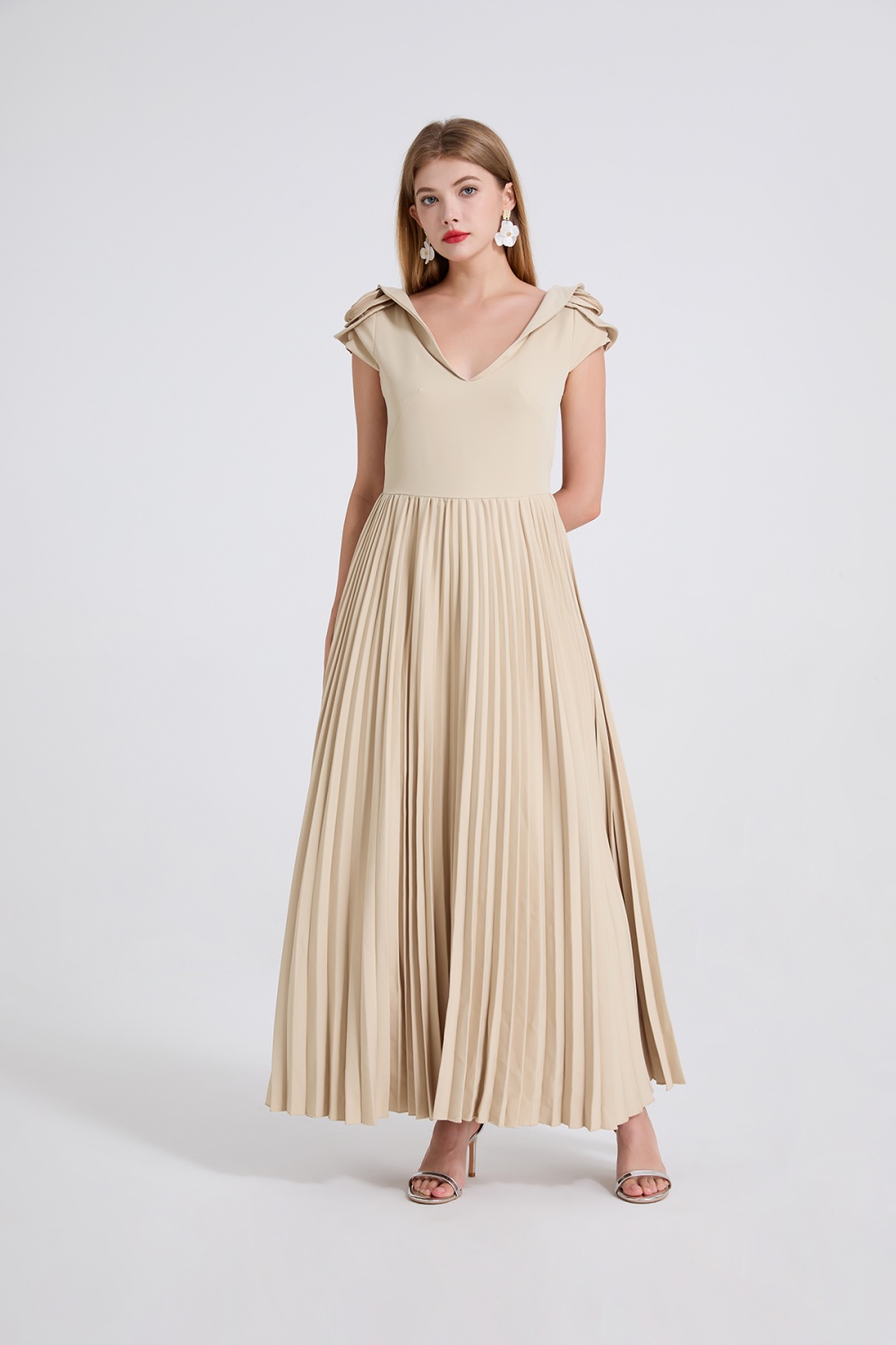 Creased splice niche high waist pinched waist stereoscopic dress