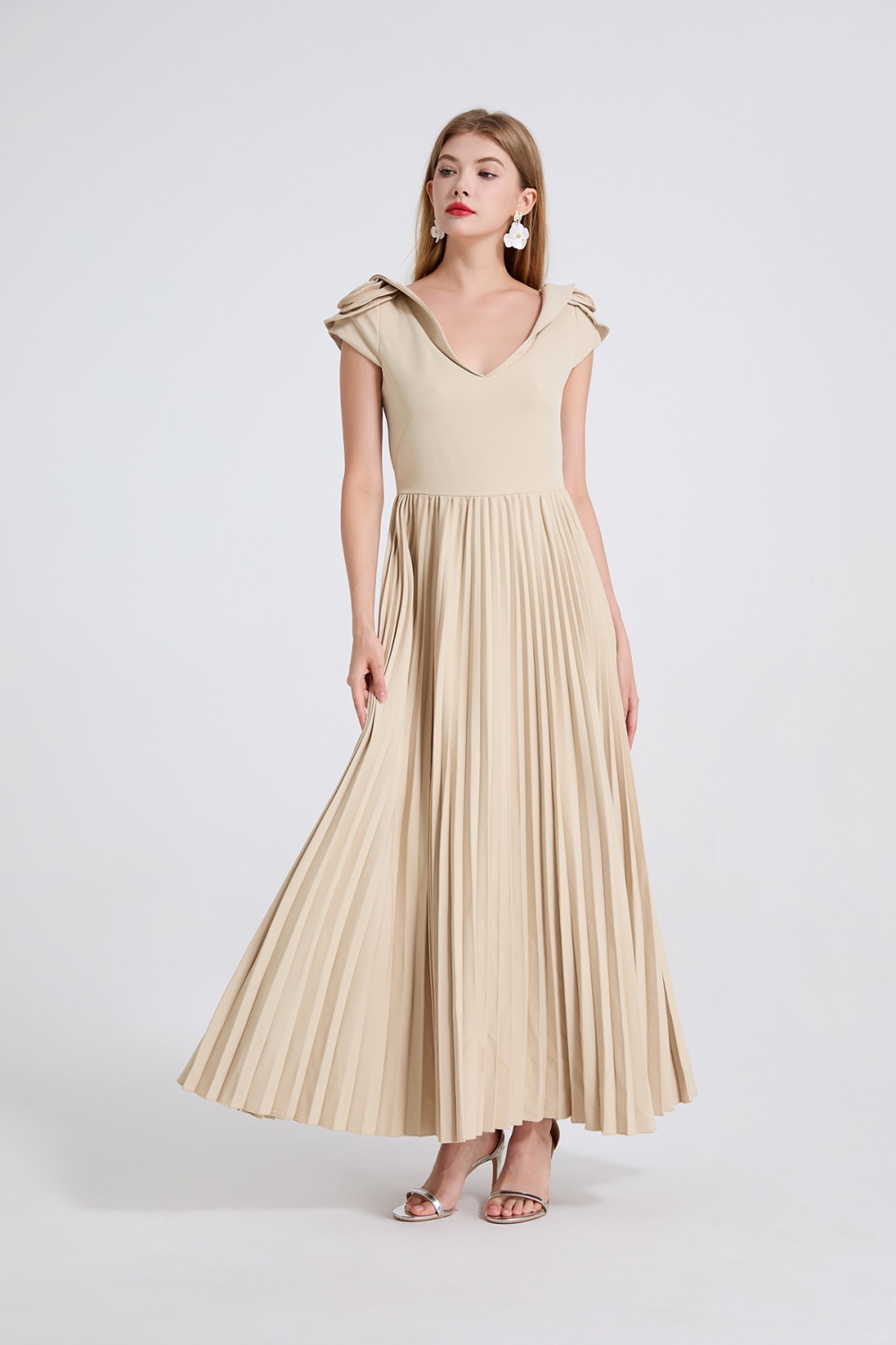 Creased splice niche high waist pinched waist stereoscopic dress