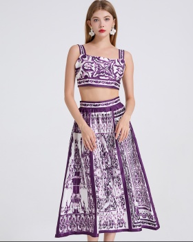 High waist printing vest sling skirt 2pcs set