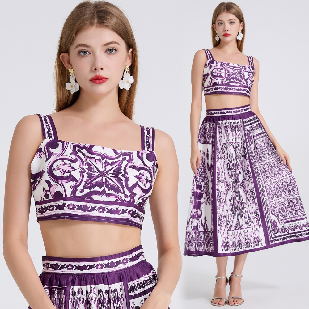 High waist printing vest sling skirt 2pcs set