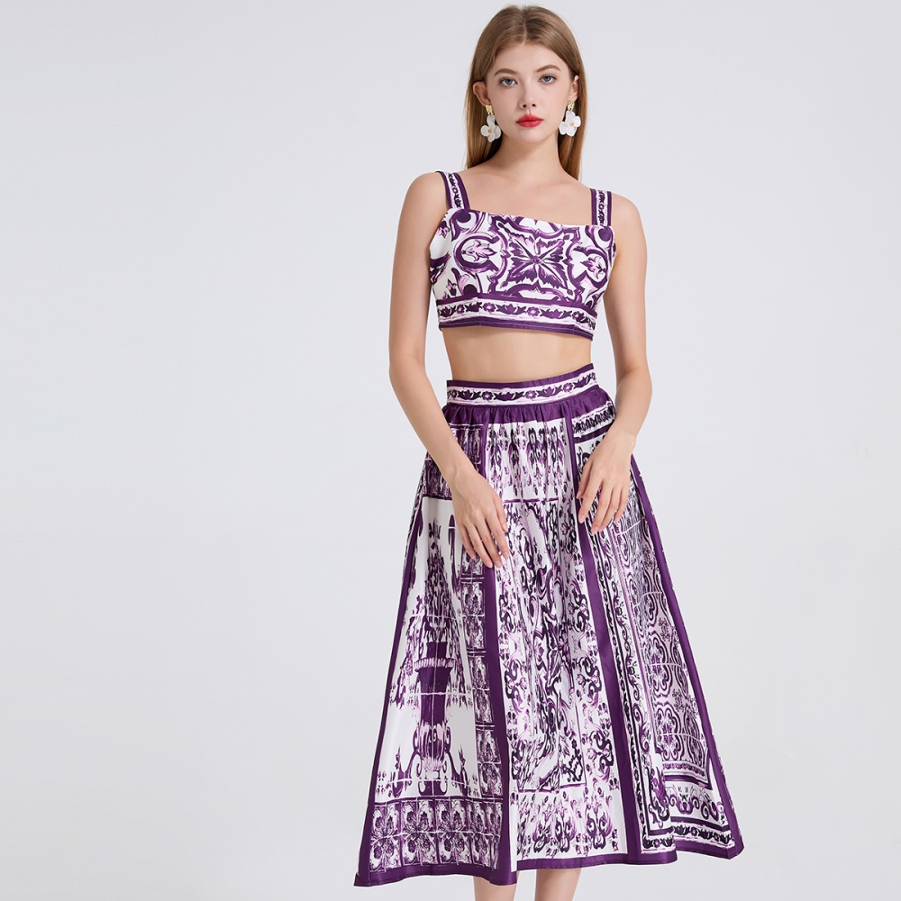 High waist printing vest sling skirt 2pcs set