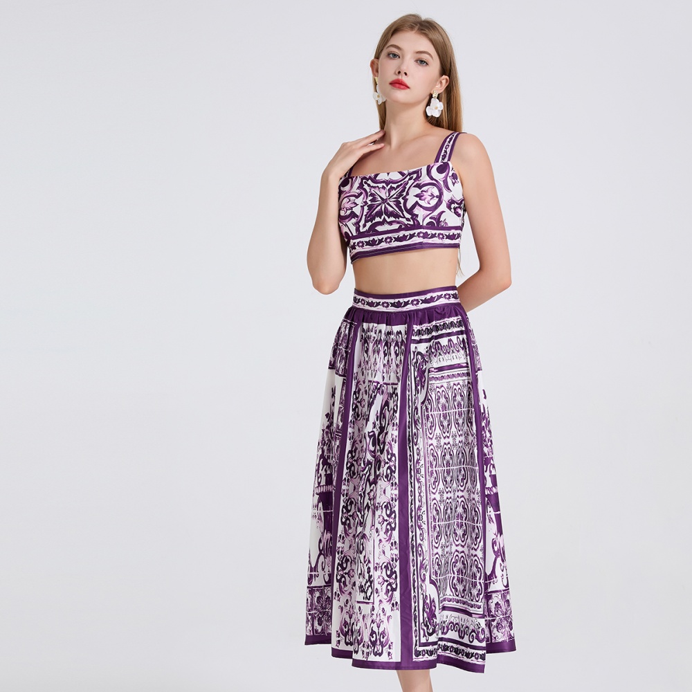 High waist printing vest sling skirt 2pcs set