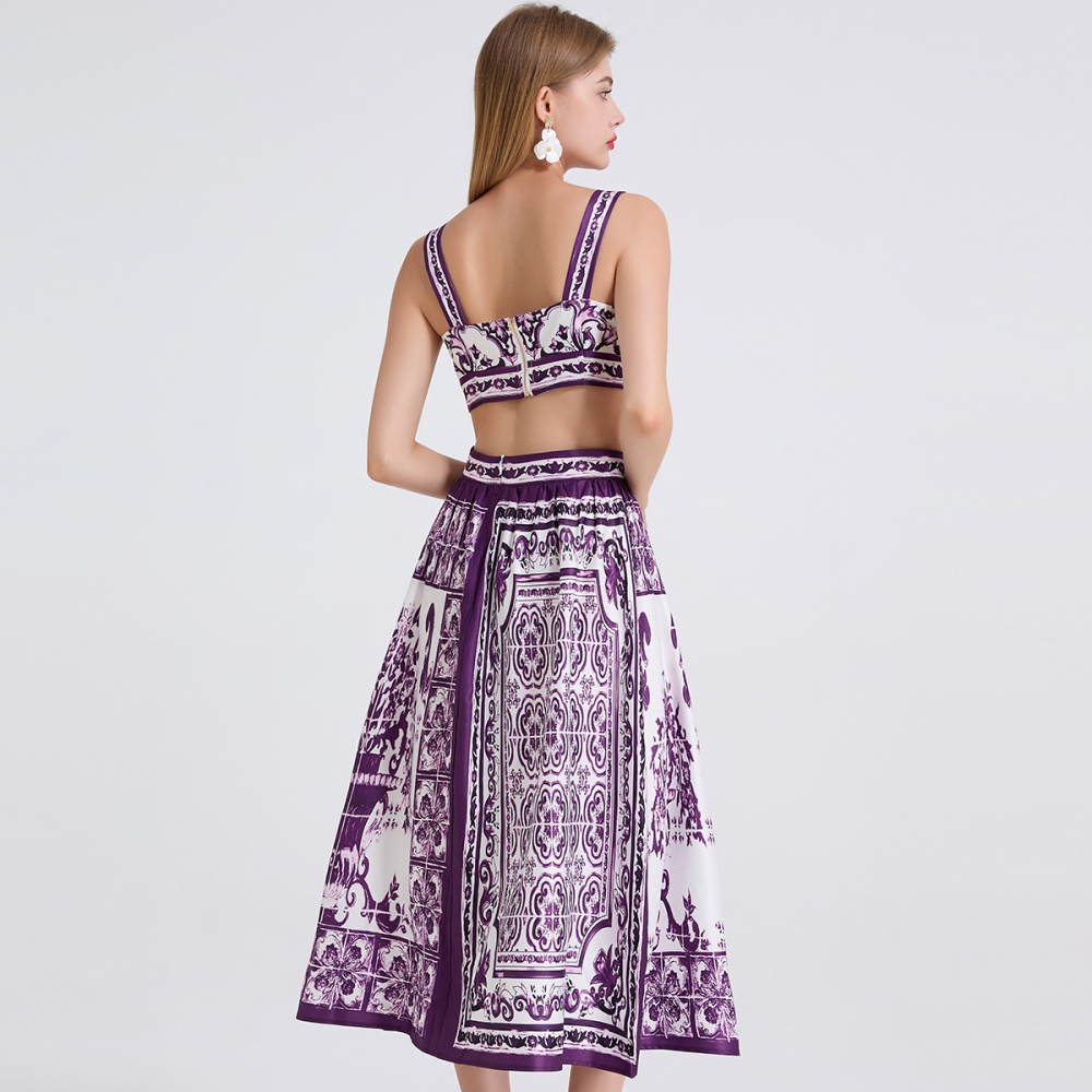 High waist printing vest sling skirt 2pcs set