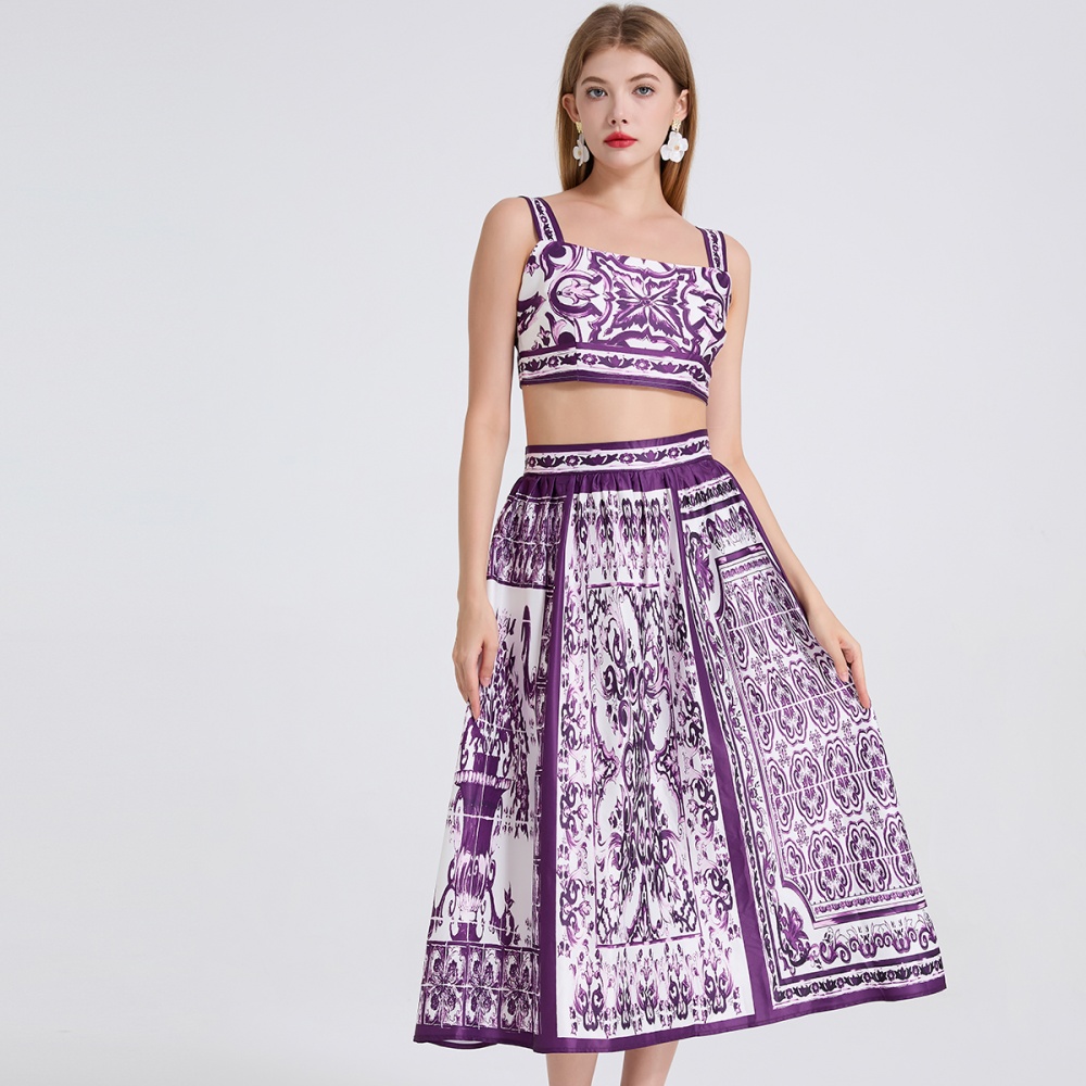 High waist printing vest sling skirt 2pcs set