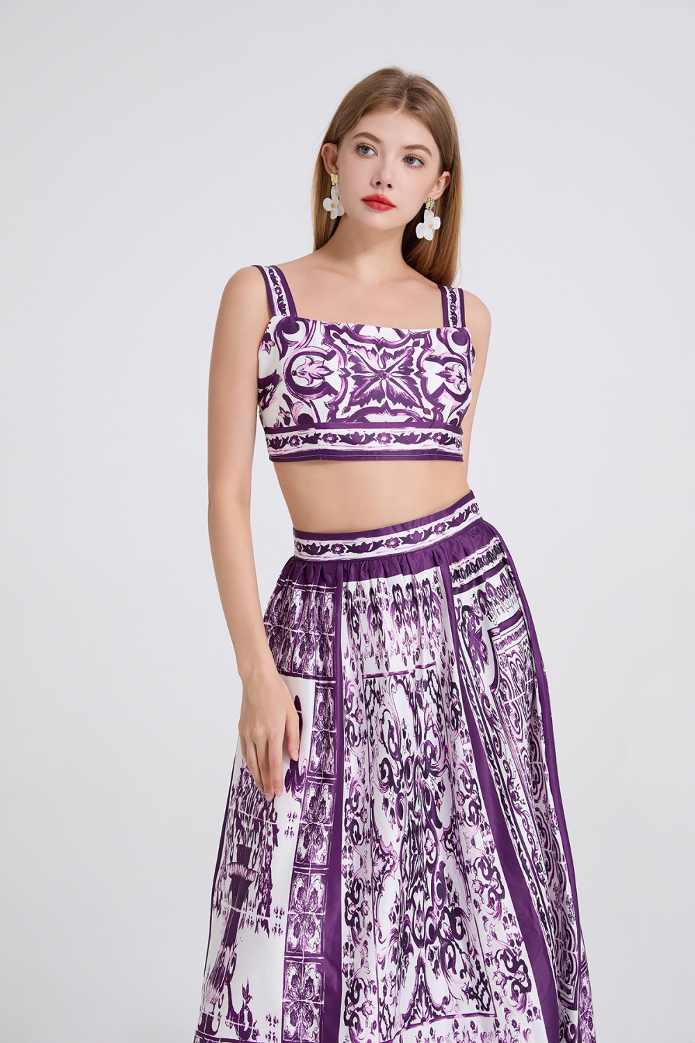 High waist printing vest sling skirt 2pcs set