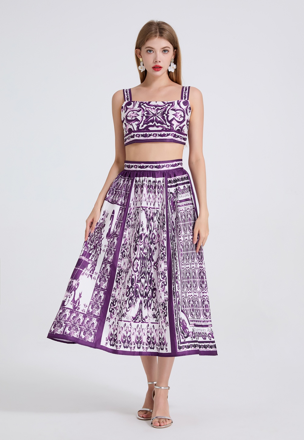 High waist printing vest sling skirt 2pcs set